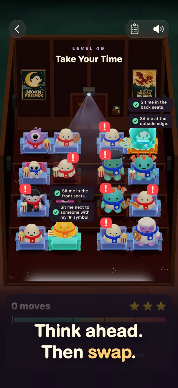 A seat swap preview shows which monsters will be happy. Think ahead, then swap.
