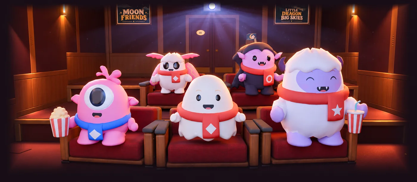 A ghost, cyclops, yeti, moth, and vampire settle into a warmly lit movie theater.