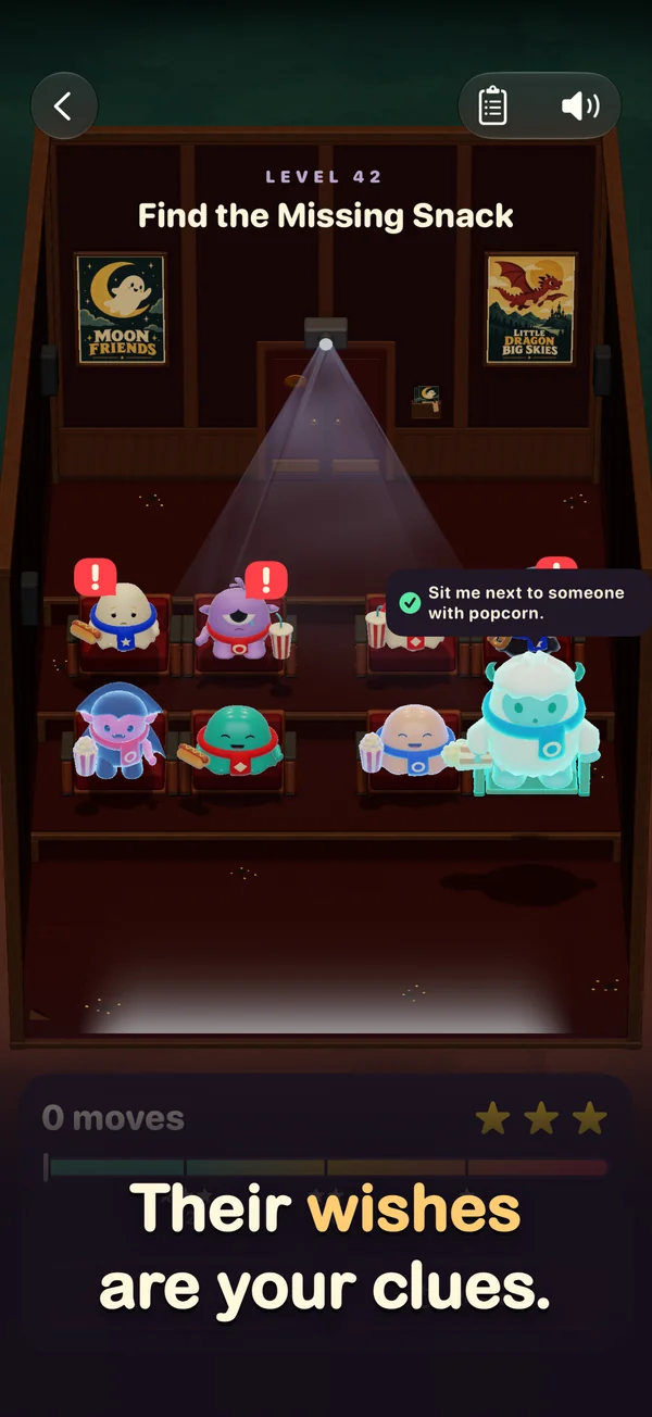 A monster asks to sit beside someone with popcorn. Their wishes are your clues.